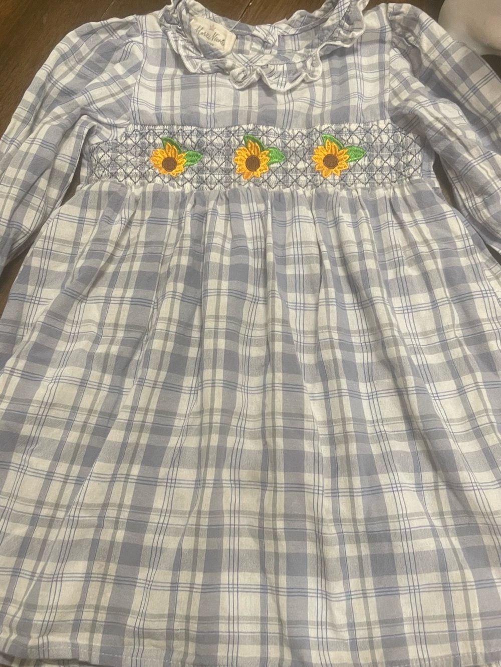 Blue & White Plaid Smocked Sunflower Dress for Girls
